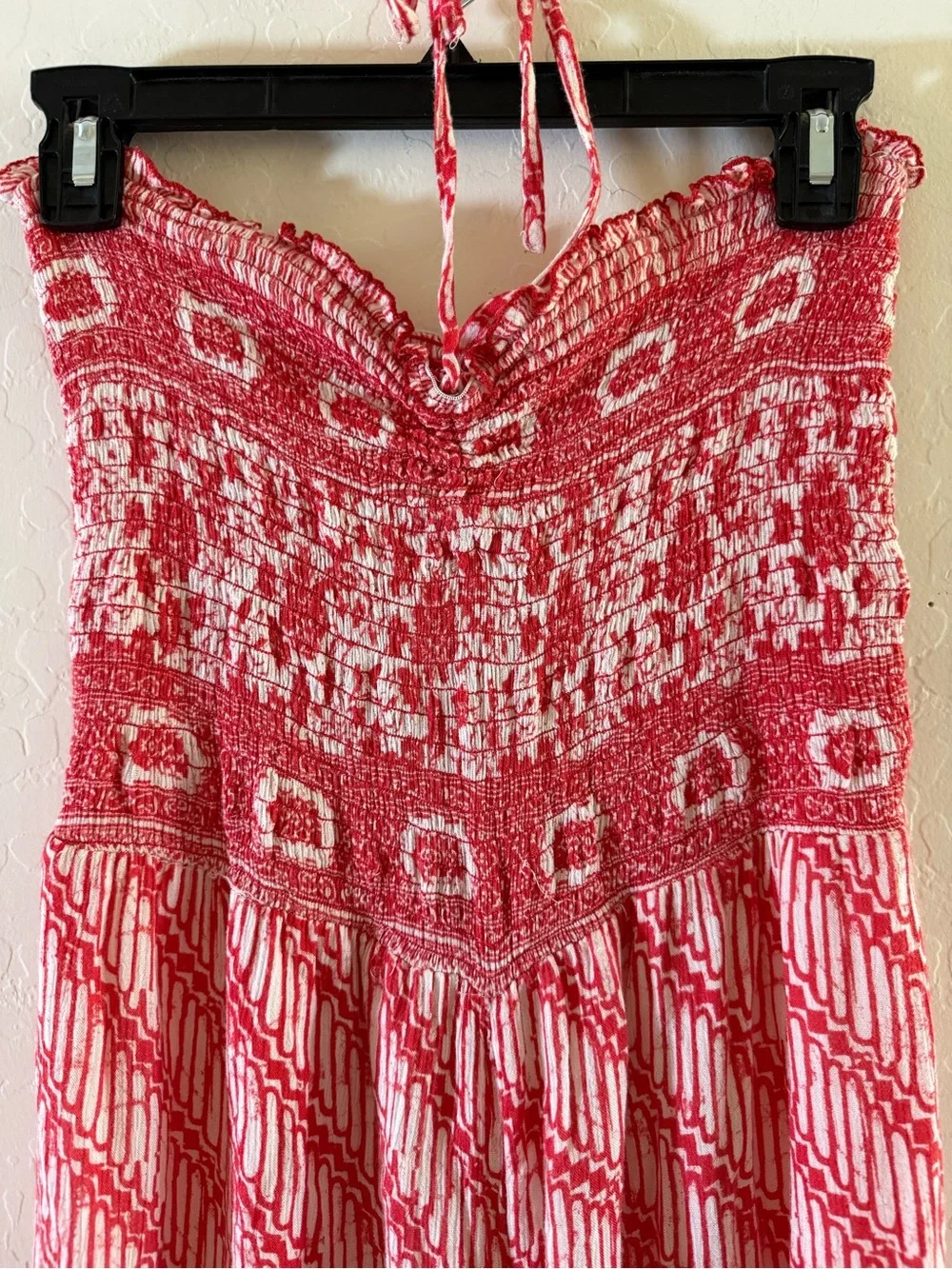 Free People, large, red & white boho-patterned strapless wide-leg jumpsuit